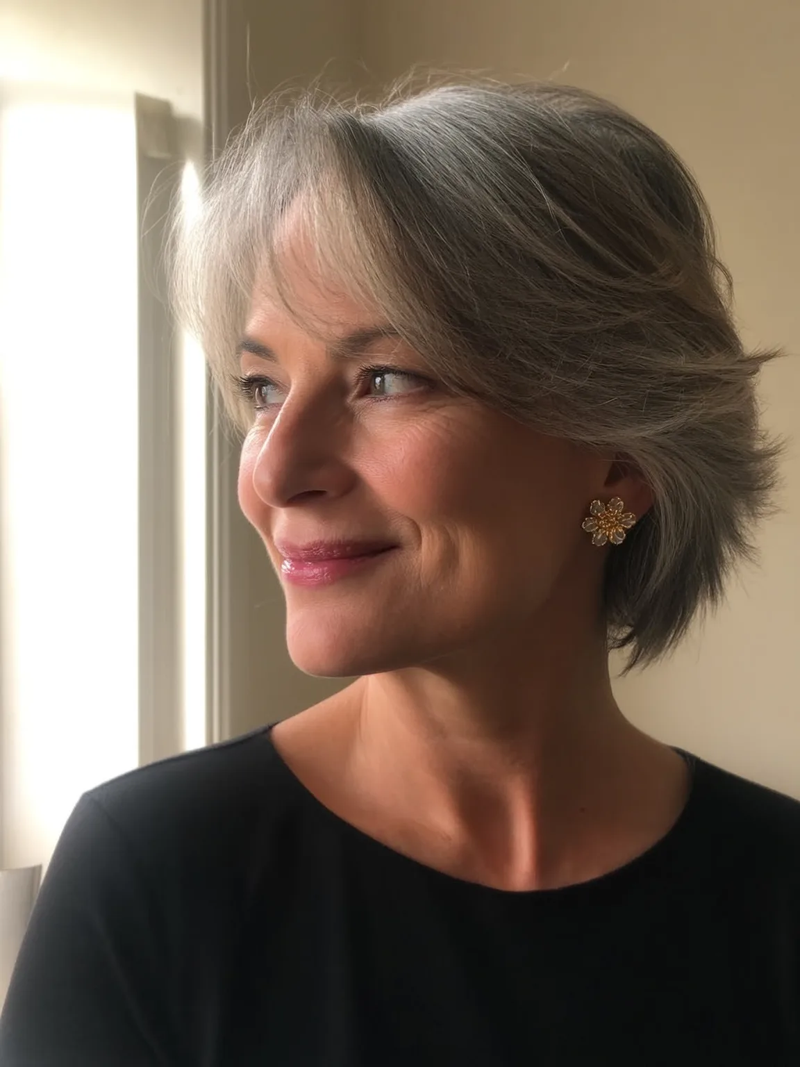 Short Silver Frost Feathered Layers with Wispy Bangs